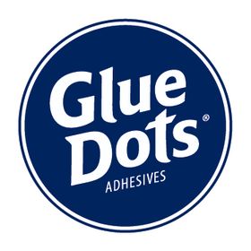 A blue circle with the words glue dots adhesives in it.